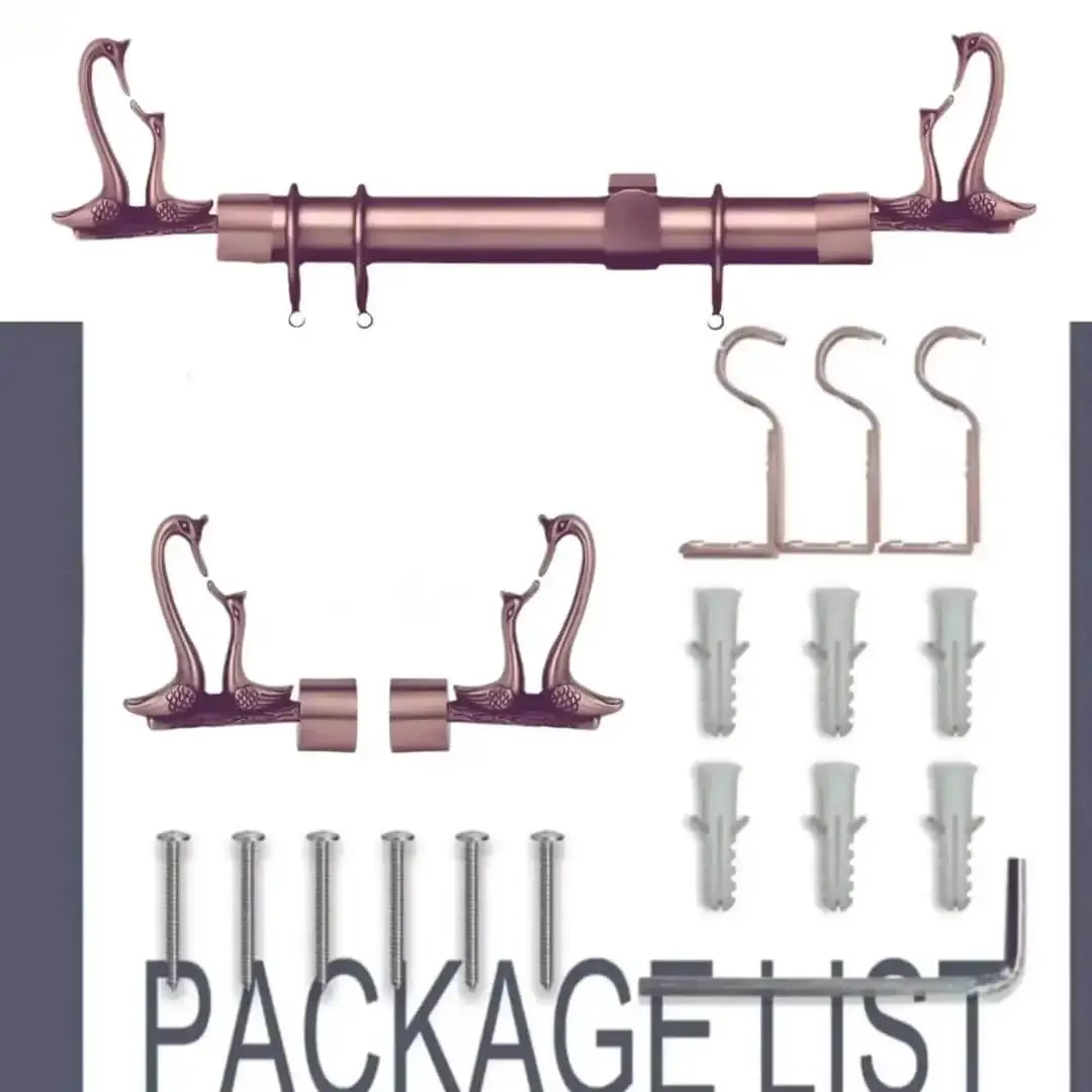Complete rose gold curtain rod set displayed with package contents: 2 decorative finials, 3 heavy-duty brackets, 2 adjustable rods, wall anchors, and screws. Text overlay highlights 'Package List'—everything needed for professional installation
