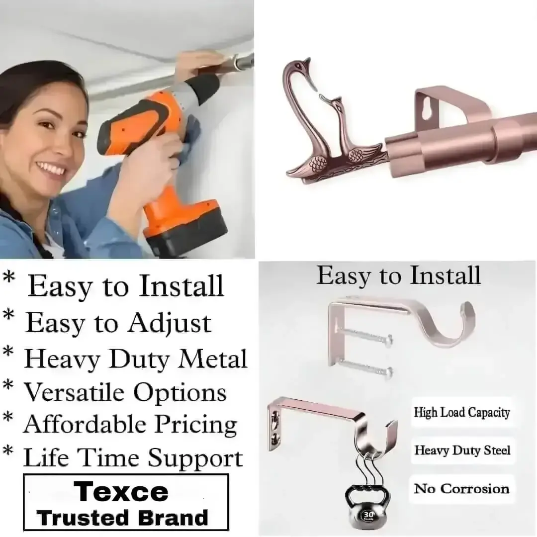 Three-panel showcase: (1) DIY girl installing a curtain rod with a drill, (2) elegant flower-shaped finial rod design, and (3) close-up of heavy-duty steel brackets. Overlay text highlights: ‘Easy to install, corrosion-proof steel, versatile styles, affordable pricing, lifetime support, and Texce—a trusted brand