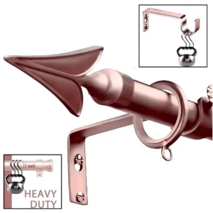 rose gold curtain rod with brackets, Three-panel showcase of a luxury rose gold curtain rod with brackets showcase: elegant arrow finial and brackets (elegant close-up), (2) Rod stress-tested with heavy weights (no bending), (3) Bracket load test—proving both opulent design and industrial strength for flawless performance