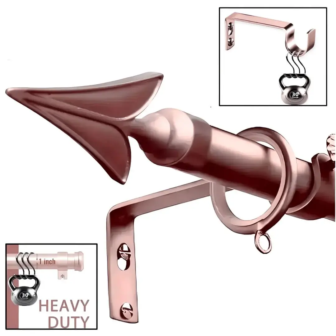 rose gold curtain rod with brackets, Three-panel showcase of a luxury rose gold curtain rod with brackets showcase: elegant arrow finial and brackets (elegant close-up), (2) Rod stress-tested with heavy weights (no bending), (3) Bracket load test—proving both opulent design and industrial strength for flawless performance