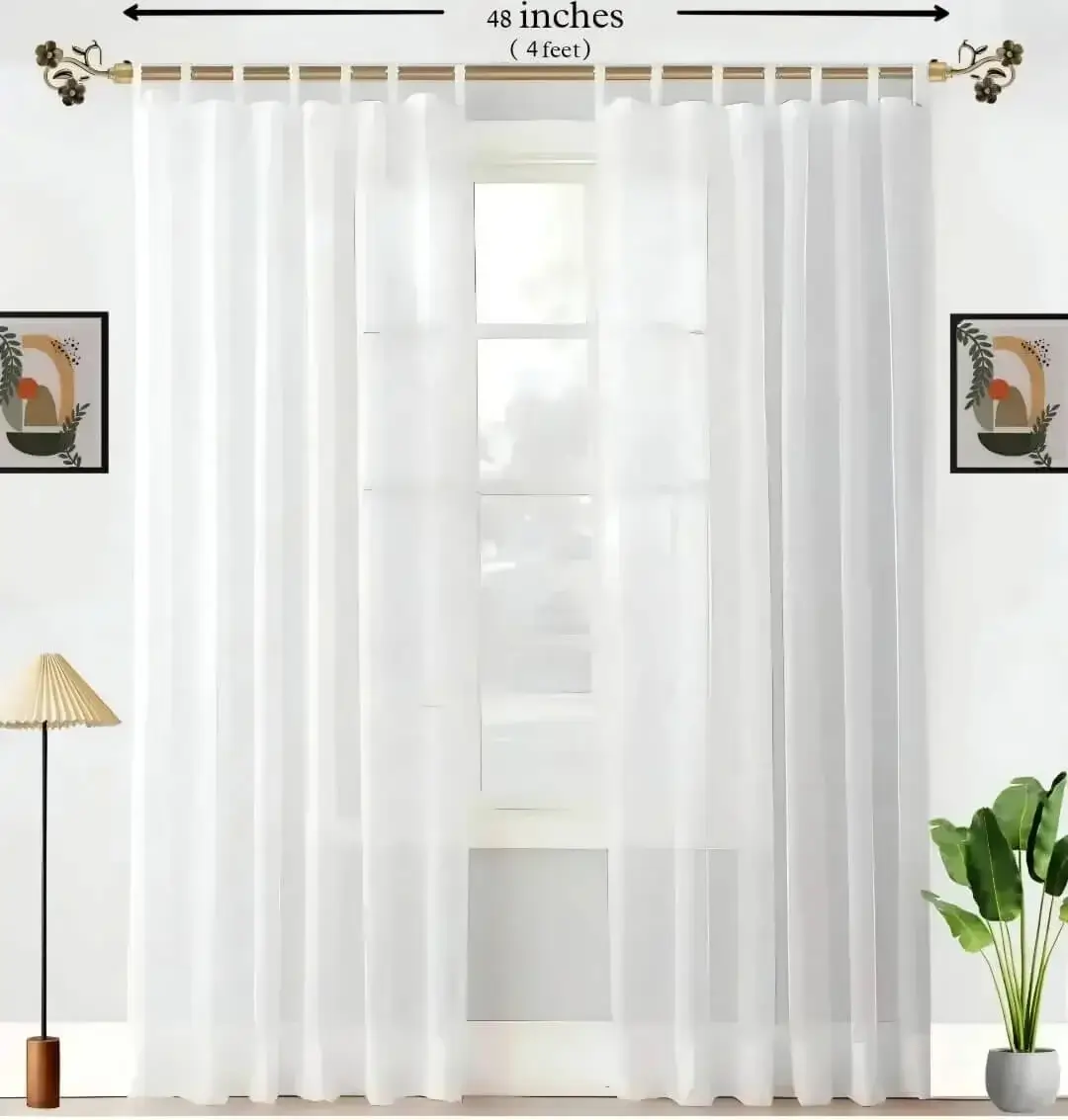 Elegant sheer curtain gracefully hanging from a sleek antique curtain rod with leaf finial installed on a small window, creating an airy and sophisticated look
