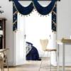 blue valance curtain Elegant blue valance curtain gracefully hanging from a sleek black curtain rod installed on a small door, creating an airy and sophisticated look