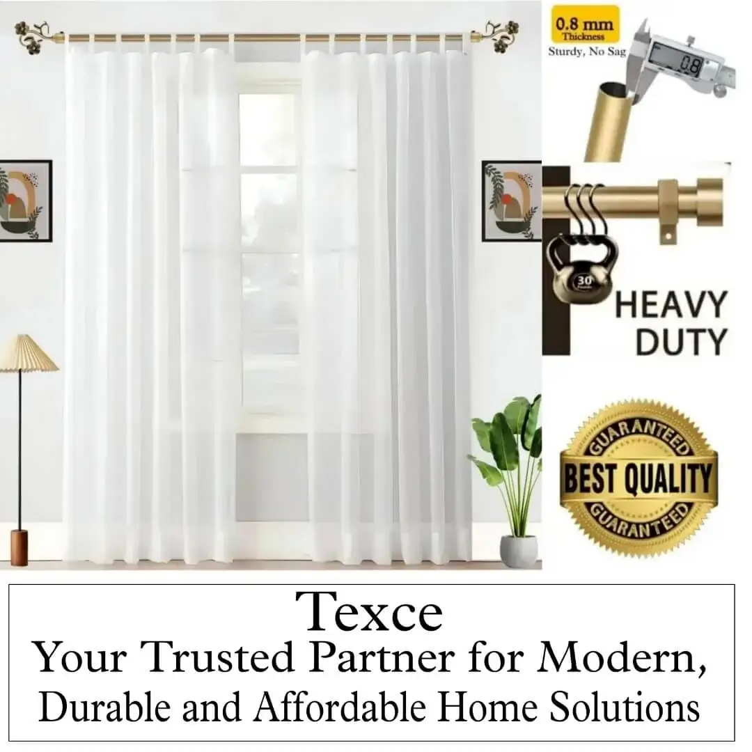 Elegant white sheer curtains hanging on a heavy-duty antique curtain rod with leaf motif finials. Overlay text highlights: ‘Premium quality guaranteed—Texce, your trusted partner for modern, durable, and affordable home décor solutions