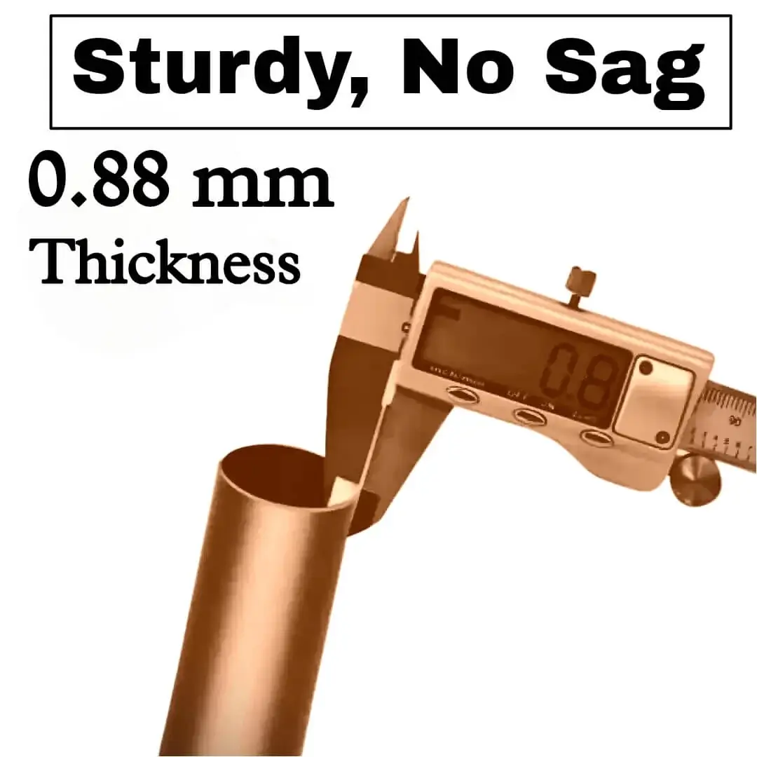 Close-up of copper finish metal curtain rod pole with highlighted text: '0.8mm thickness, sturdy and no sag' - showcasing durable construction for long-lasting performance