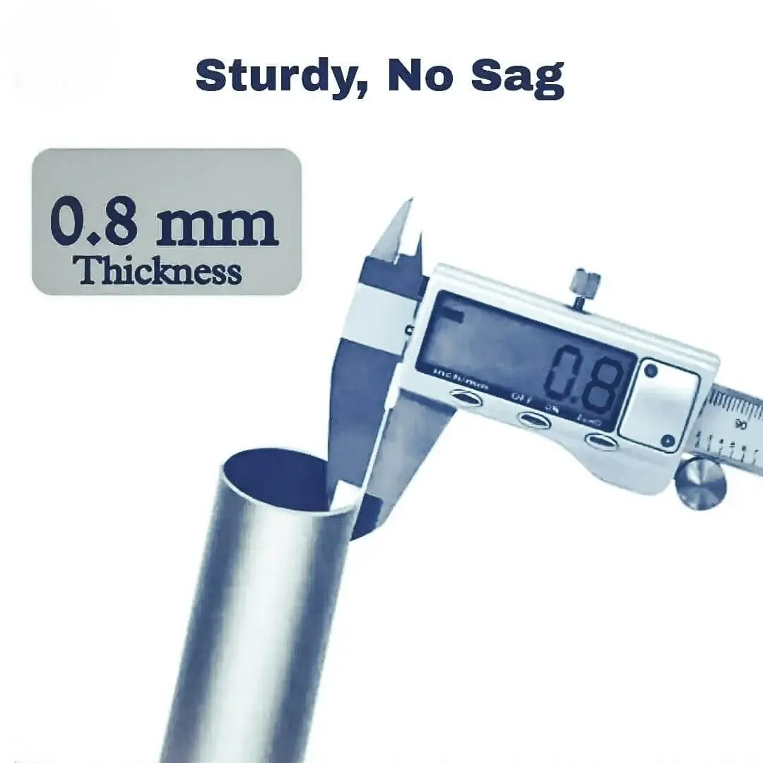 Close-up of chrome finish metal curtain rod pole with highlighted text: '0.8mm thickness, sturdy and nos sag' - showcasing durable construction for long-lasting performance