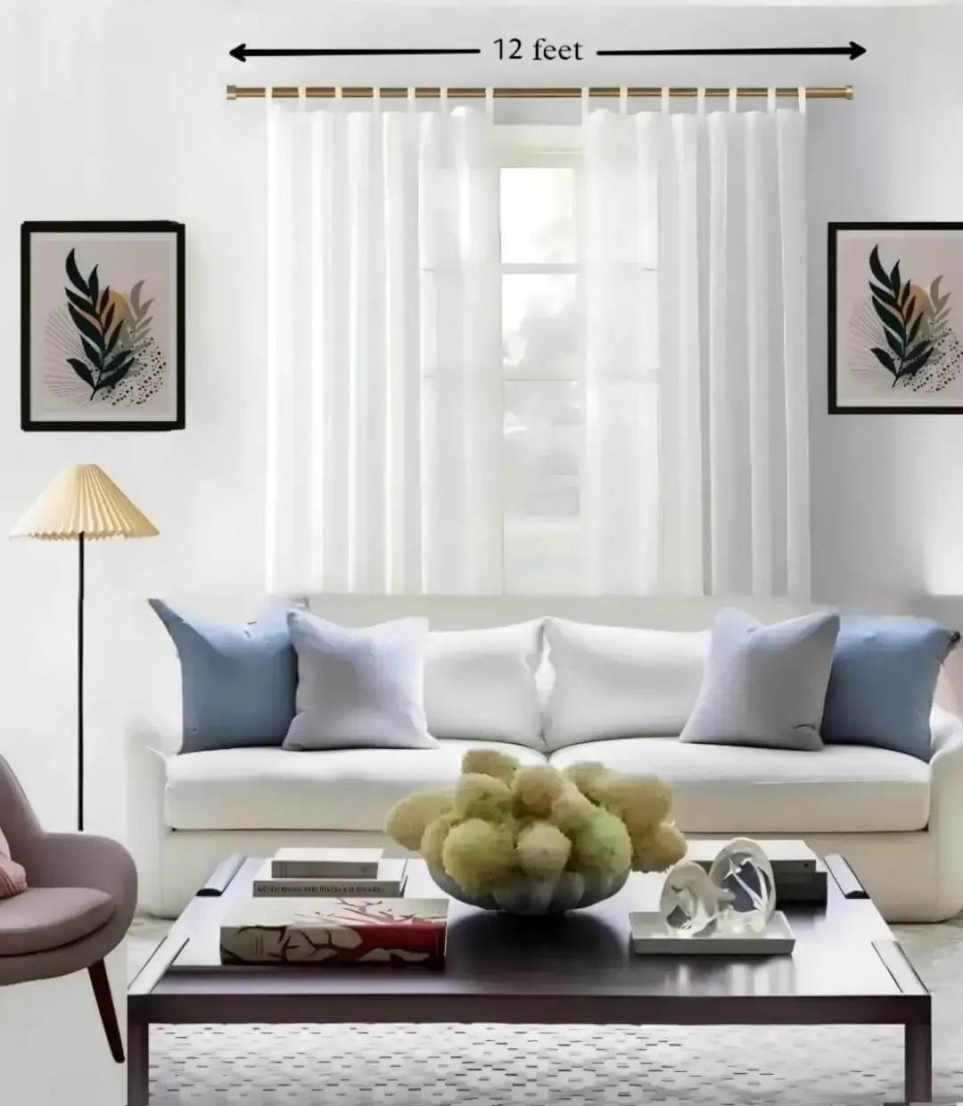 12 feet curtain rod for living room Stylish living room with flowing curtains on a 12 feet long adjustable golden curtain rod, paired with a cozy sofa set, vibrant cushions, and wall paintings—creating a chic, inviting ambiance.
