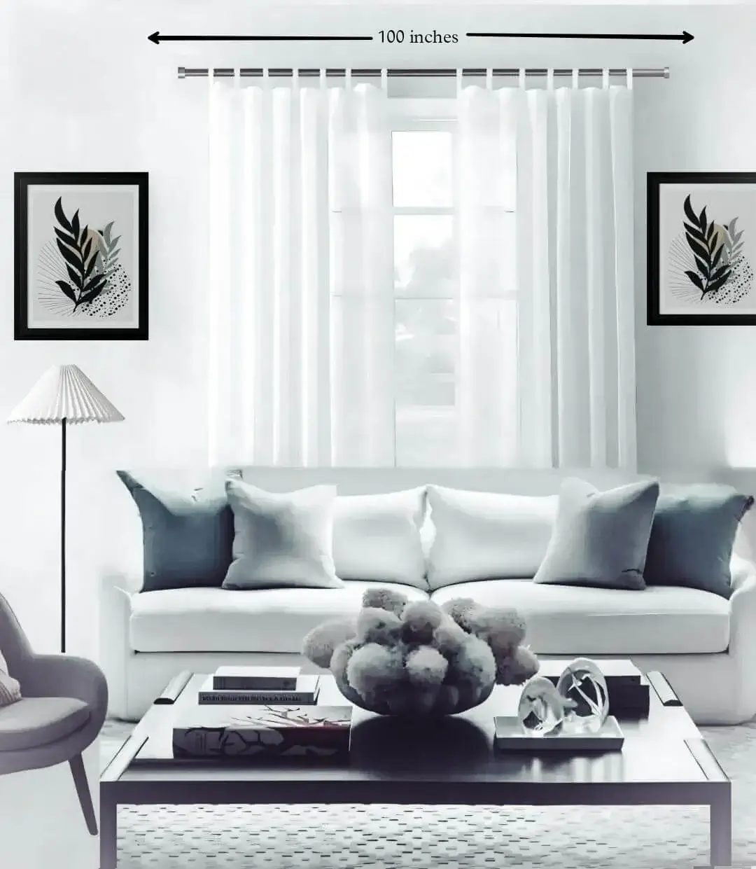 adjustable curtain rod set 100 inches grey pewter finish, Stylish living room with flowing curtains on a adjustable curtain rod 100 inches set pink gold colour, paired with a cozy sofa set, vibrant cushions, and wall paintings—creating a chic, inviting ambiance. Text highlight '100 inches'