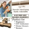 adjustable curtain rod brown colour brown colour extendable curtain rod, DIY girl installing curtain rods with a drill—text highlights ‘Perfect for beginners, DIY enthusiasts, homeowners and renters!’ Features smooth telescoping rods, and easily adjustable design so you never worry about inaccurate measurements
