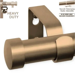 adjustable curtain rod set brown colour heavy duty, Three images showcasing a heavy duty adjustable curtain rod set brown colour: 1) Main image is brown colour curtain rod, 2) Image with curtain rod holding heavy weight, text highlights '1 inch curtain rod, Heavy Duty – Holds 35 lbs with ease'; 3) Close-up of telescoping mechanism with 'Easily Adjustable, Smooth Telescoping and not to worry about inaccurate measurements' text;