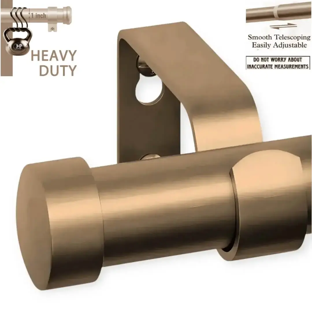 heavy duty expandable curtain rod - Three images showcasing a heavy duty adjustable curtain rod set brown colour: 1) Main image is brown colour curtain rod, 2) Image with curtain rod holding heavy weight, text highlights '1 inch curtain rod, Heavy Duty – Holds 35 lbs with ease'; 3) Close-up of telescoping mechanism with 'Easily Adjustable, Smooth Telescoping and not to worry about inaccurate measurements' text;