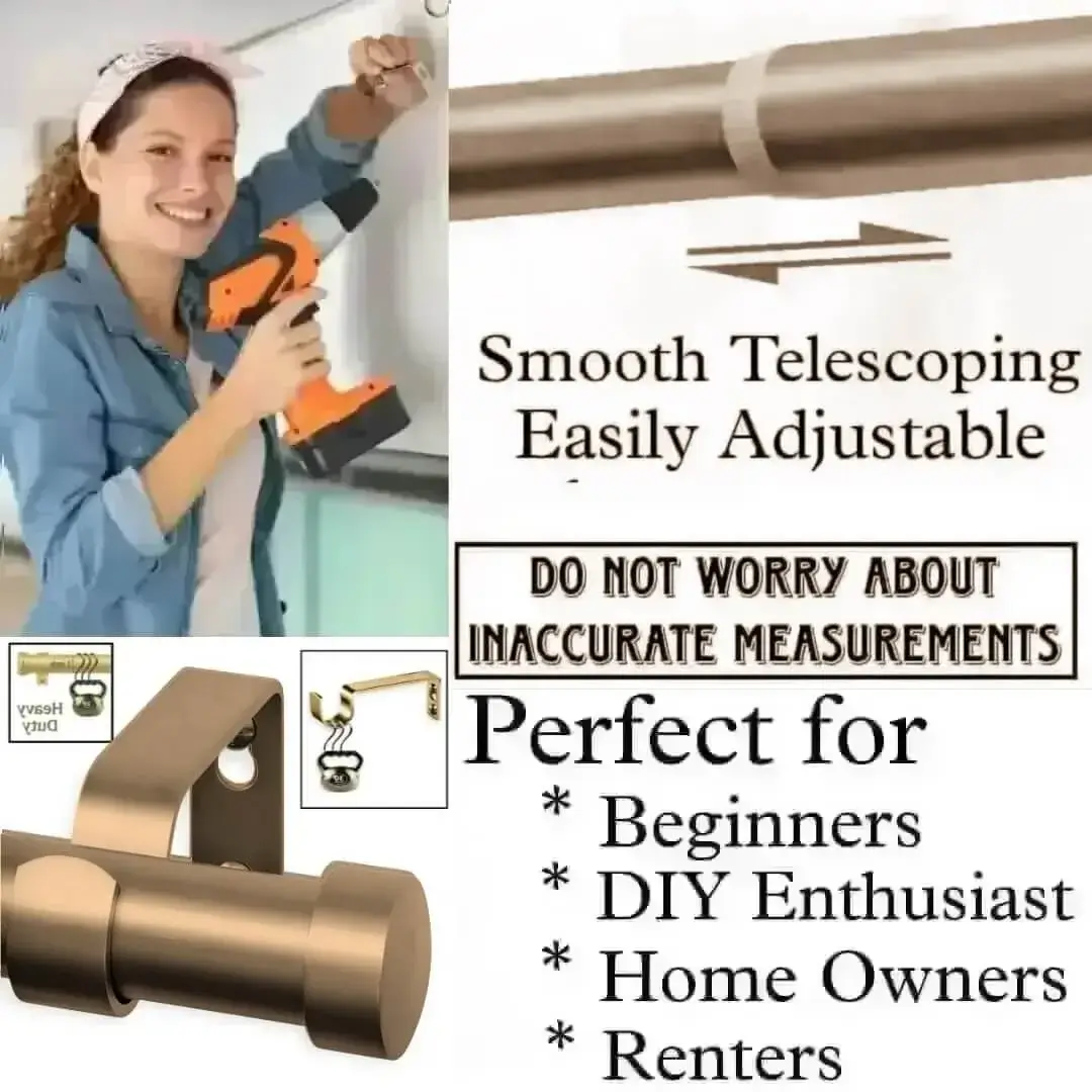 adjustable drapery rod - DIY girl installing curtain rods with a drill—text highlights ‘Perfect for beginners, DIY enthusiasts, homeowners and renters!’ Features smooth telescoping rods, and easily adjustable design so you never worry about inaccurate measurements