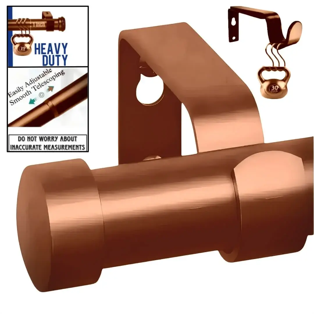adjustable curtain rod copper colour heavy duty, Four images showcasing a heavy duty adjustable curtain rod copper colour: 1) Main image is a copper colour curtain rod, 2) Image with curtain rod holding heavy weight, text highlights '1 inch curtain rod, Heavy Duty – Holds 35 lbs with ease'; 3) Close-up of telescoping mechanism with 'Easily Adjustable, Smooth Telescoping and not to worry about inaccurate measurements' text; 4) image is of curtain bracket holding heavy weight showcasing that the bracket is capable of holding heavy blackout curtains.