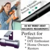 adjustable curtain rod pewter finish grey pewter finish extendable curtain rod, DIY girl installing pewter finish curtain rods with a drill—text highlights ‘Perfect for beginners, DIY enthusiasts, homeowners and renters!’ Features smooth telescoping rods, and easily adjustable design so you never worry about inaccurate measurements