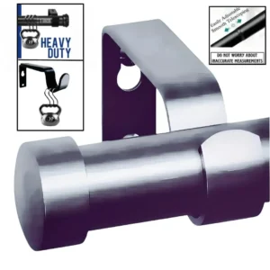 adjustable curtain rod pewter gray finish heavy duty, Four images showcasing a heavy duty adjustable curtain rod pewter grey finish: 1) Main image is pewter grey finish curtain rod, 2) Image with curtain rod holding heavy weight, text highlights '1 inch curtain rod, Heavy Duty – Holds 35 lbs with ease'; 3) Close-up of telescoping mechanism with 'Easily Adjustable, Smooth Telescoping and not to worry about inaccurate measurements' text; 4) image is of curtain bracket holding heavy weight showcasing that the bracket is capable of holding heavy blackout curtains.
