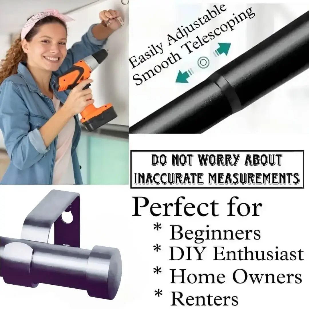 grey pewter finish extendable curtain rod, DIY girl installing pewter finish curtain rods with a drill—text highlights ‘Perfect for beginners, DIY enthusiasts, homeowners and renters!’ Features smooth telescoping rods, and easily adjustable design so you never worry about inaccurate measurements