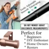 adjustable curtain rod pink gold colour pink gold colour extendable curtain rod, DIY girl installing curtain rods with a drill—text highlights ‘Perfect for beginners, DIY enthusiasts, homeowners and renters!’ Features smooth telescoping rods, and easily adjustable design so you never worry about inaccurate measurements