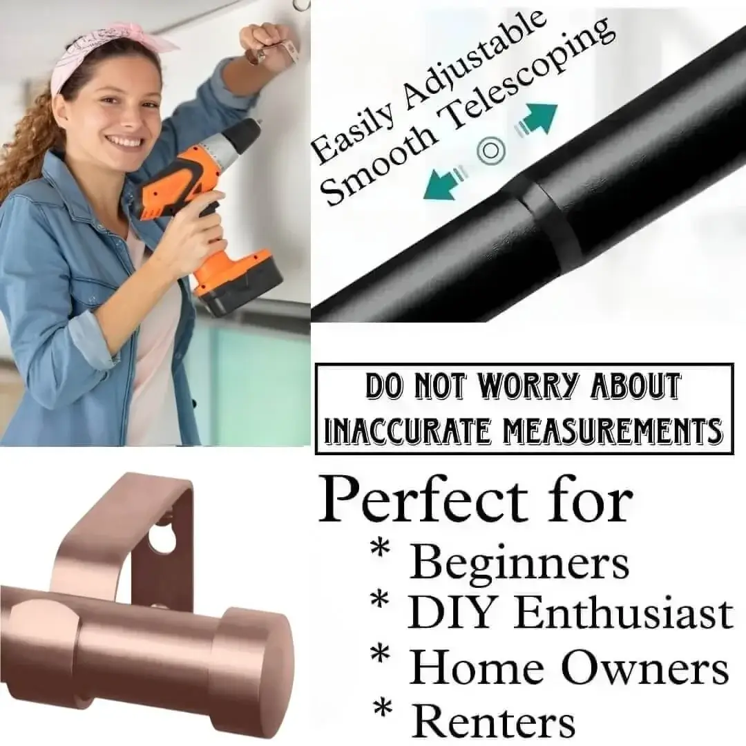 extendable curtain rod - DIY girl installing curtain rods with a drill—text highlights ‘Perfect for beginners, DIY enthusiasts, homeowners and renters!’ Features smooth telescoping rods, and easily adjustable design so you never worry about inaccurate measurements