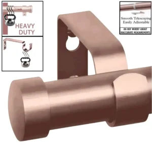 adjustable curtain rod pink gold colour heavy duty, Four images showcasing a heavy duty adjustable curtain rod pink gold colour: 1) Main image is pink gold colour curtain rod, 2) Image with curtain rod holding heavy weight, text highlights '1 inch curtain rod, Heavy Duty – Holds 35 lbs with ease'; 3) Close-up of telescoping mechanism with 'Easily Adjustable, Smooth Telescoping and not to worry about inaccurate measurements' text; 4) image is of curtain bracket holding heavy weight showcasing that the bracket is capable of holding heavy blackout curtains.