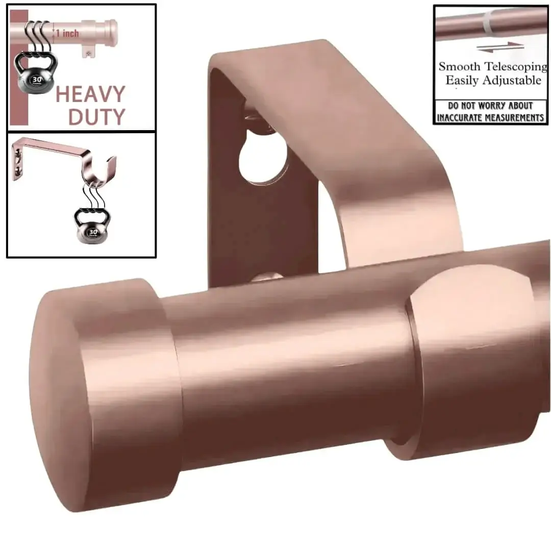 rose gold curtain rod with handle - Four images showcasing a heavy duty adjustable rose gold curtain rod with brackets : 1) Main image is pink gold colour curtain rod, 2) Image with curtain rod holding heavy weight, text highlights '1 inch curtain rod, Heavy Duty – Holds 35 lbs with ease'; 3) Close-up of telescoping mechanism with 'Easily Adjustable, Smooth Telescoping and not to worry about inaccurate measurements' text; 4) image is of curtain bracket holding heavy weight showcasing that the bracket is capable of holding heavy blackout curtains.