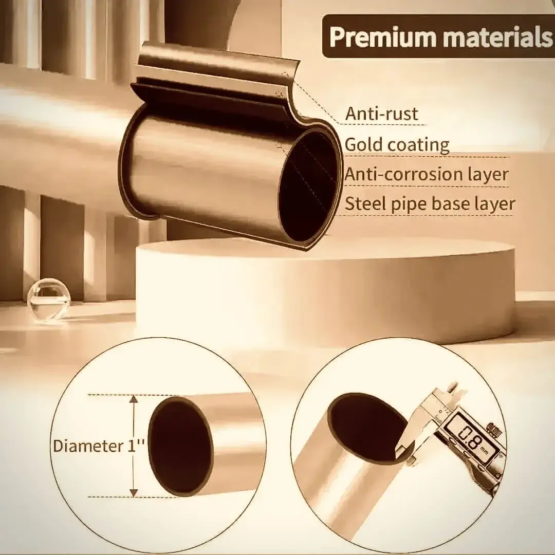 Close-up of copper curtain rod pole with highlighted text: 'Anti-rust coating, 0.8mm thickness, 1-inch diameter' - showcasing durable construction for long-lasting performance