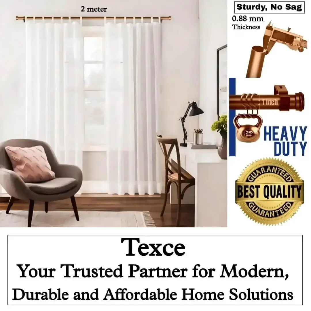 best adjustable curtain rod 2m set copper colour, Four-panel copper colour curtain rod showcase: (1) Stylish living room with flowing curtains on a 2 meter copper finish curtain rod with single seater and art, (2) Stress test proving no bend under heavy weights, (3) Close-up of 1-inch diameter and 0.8 mm thick sturdy pole (no sag), (4) Text overlay: 'Best quality guaranteed—Texce: modern, durable, affordable home décor.' Combines elegance and industrial strength