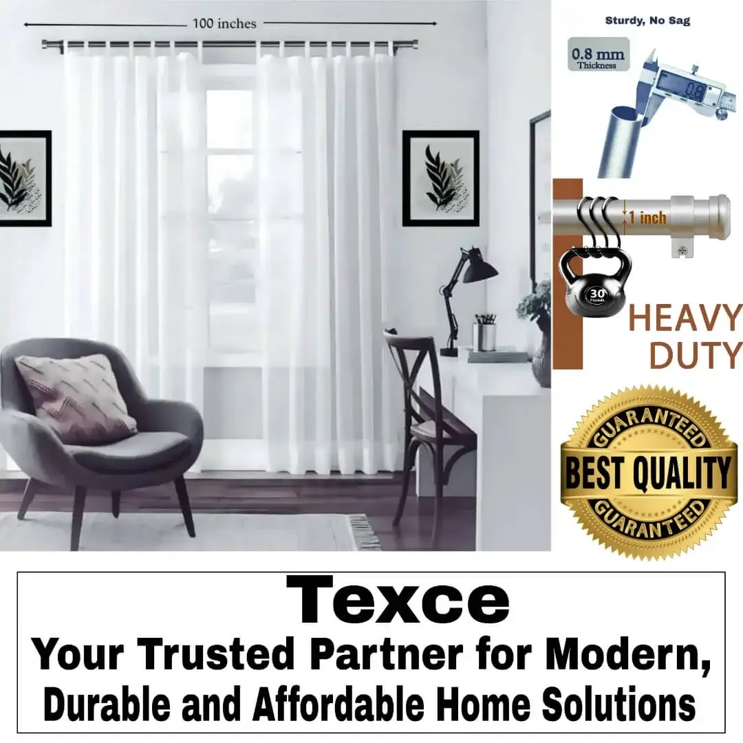 best adjustable curtain rod, Four-panel grey colour curtain rod showcase: (1) Stylish living room with flowing curtains on a 100 inches pewter finish curtain rod with single seater and art, (2) Stress test proving no bend under heavy weights, (3) Close-up of 1-inch diameter and 0.8 mm thick sturdy pole (no sag), (4) Text overlay: 'Best quality guaranteed—Texce: modern, durable, affordable home décor.' Combines elegance and industrial strength