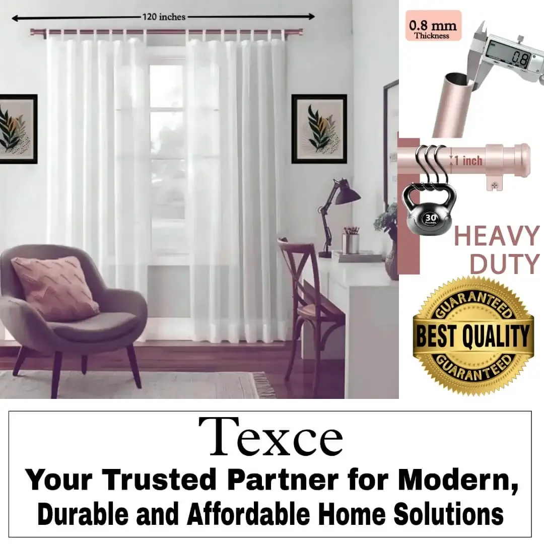 10 foot heavy duty curtain rod, 10 feet curtain rod heavy duty - Four-panel showcase: (1) Stylish living room with flowing curtains on a 120 inches pink gold finish curtain rod with single seater and art, (2) Stress test proving no bend under heavy weights, (3) Close-up of 1-inch diameter and 0.8 mm thick sturdy pole (no sag), (4) Text overlay: 'Best quality guaranteed—Texce: modern, durable, affordable home décor.' Combines elegance and industrial strength