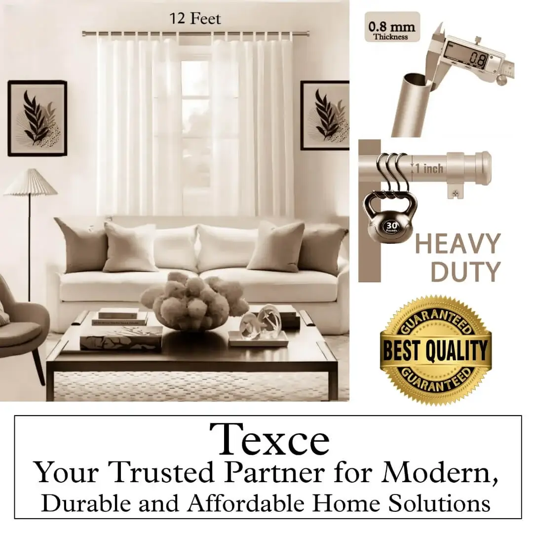 best brown colour curtain rod for living room best brown colour curtain rod for living room, Four-panel brown colour curtain rod showcase: (1) Stylish living room with flowing curtains on a 12 foot brown finish curtain rod with sofa and art, (2) Stress test proving no bend under heavy weights, (3) Close-up of 1-inch diameter sturdy pole (no sag), (4) Text overlay: 'Best quality guaranteed—Texce: modern, durable, affordable home décor.' Combines elegance and industrial strength