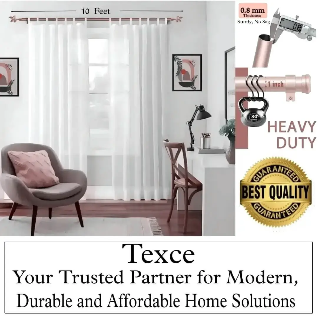 best extendable curtain rod - Four-panel luxury rose gold curtain rod holding heavy weight showcase: (1) Stress test proving no bend under heavy weights, (2) Close-up of 1-inch diameter sturdy pole (no sag), (3) Close-up of smooth telescoping mechanism ('Easily Adjustable'); (4) Text overlay: 'Best quality guaranteed—Texce: modern, durable, affordable home décor.' Combines elegance and industrial strength