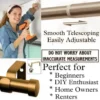 bronze adjustable curtain rod bronze colour extendable curtain rod, DIY girl installing curtain rods with a drill—text highlights ‘Perfect for beginners, DIY enthusiasts, homeowners and renters!’ Features smooth telescoping rods, and easily adjustable design so you never worry about inaccurate measurements
