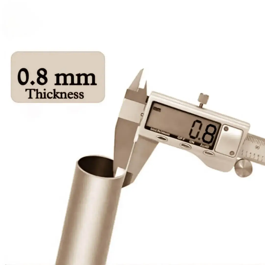 0.8 mm thick curtain pole - Close-up of metal curtain rod pole with highlighted text: '0.8mm thickness, sturdy and nos sag' - showcasing durable construction for long-lasting performance