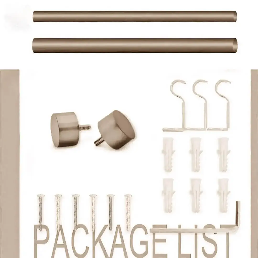 brown colour curtain rods and accessories brown finish curtain rod and accessories, Complete brown finish curtain rod set displayed with package contents: 2 end cap finials, 3 heavy-duty brackets, 2 adjustable rods, wall anchors, and screws. Text overlay highlights 'Package List'—everything needed for professional installation