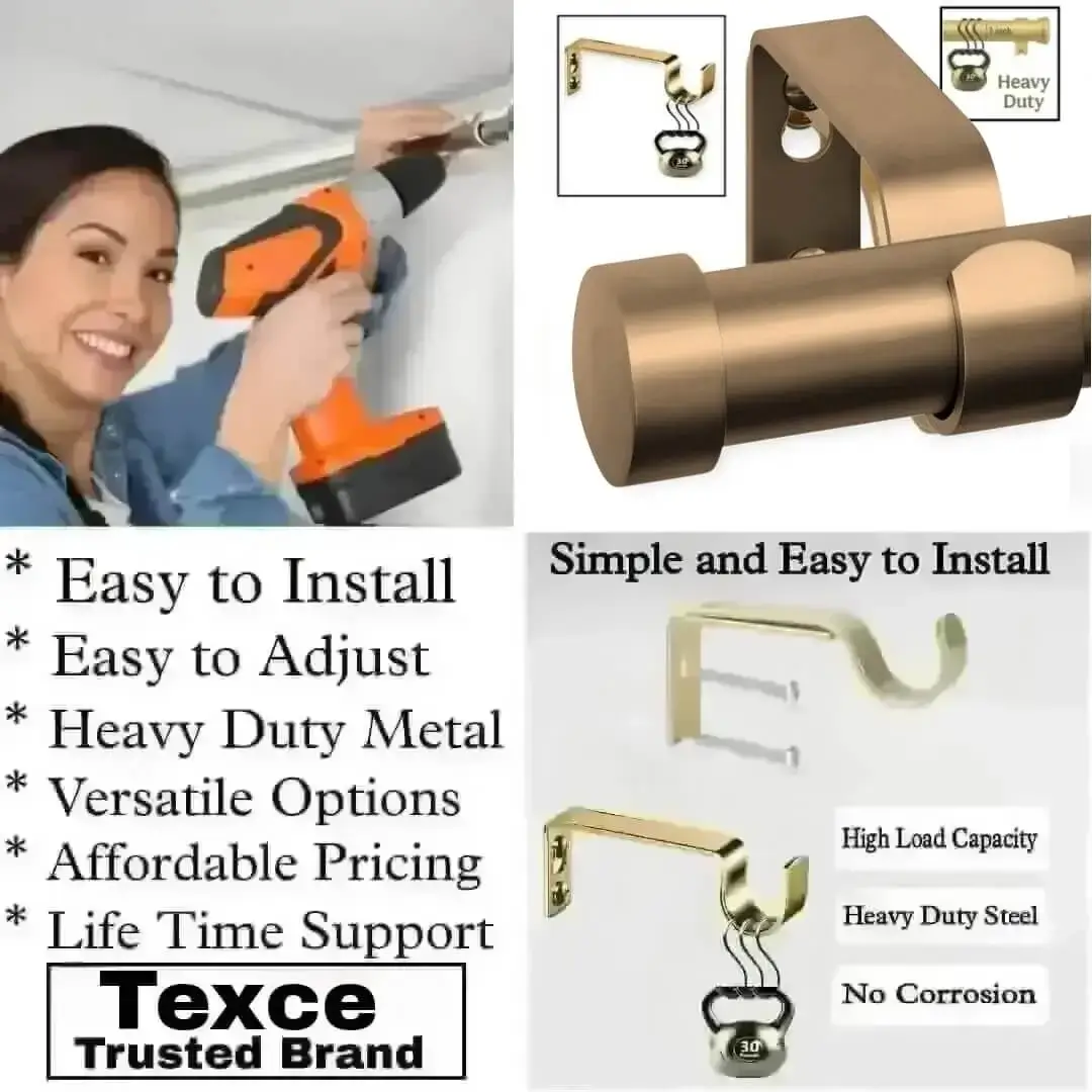drapery rod with brackets - Three-panel showcase: (1) DIY girl installing a curtain rod with a drill, (2) elegant end cap curtain rod design, and (3) close-up of heavy-duty steel brackets. Overlay text highlights: ‘Easy to install, corrosion-proof steel, versatile styles, affordable pricing, lifetime support, and Texce—a trusted brand