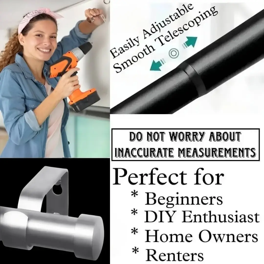 chrome finish adjustable curtain rod chrome finish adjustable rod for curtains, DIY girl installing chrome finish curtain rods with a drill—text highlights ‘Perfect for beginners, DIY enthusiasts, homeowners and renters!’ Features smooth telescoping rods, and easily adjustable design so you never worry about inaccurate measurements