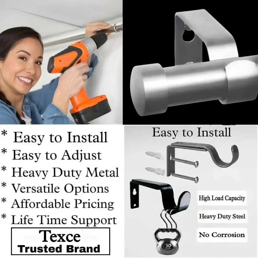 chrome finish curtain rod with brackets chrome finish curtain rods with brackets, Three-panel showcase: (1) DIY girl installing a chrome colour curtain rod with a drill, (2) elegant end cap curtain rod design chrome finish, and (3) close-up of heavy-duty steel brackets. Overlay text highlights: ‘Easy to install, corrosion-proof steel, versatile styles, affordable pricing, lifetime support, and Texce—a trusted brand