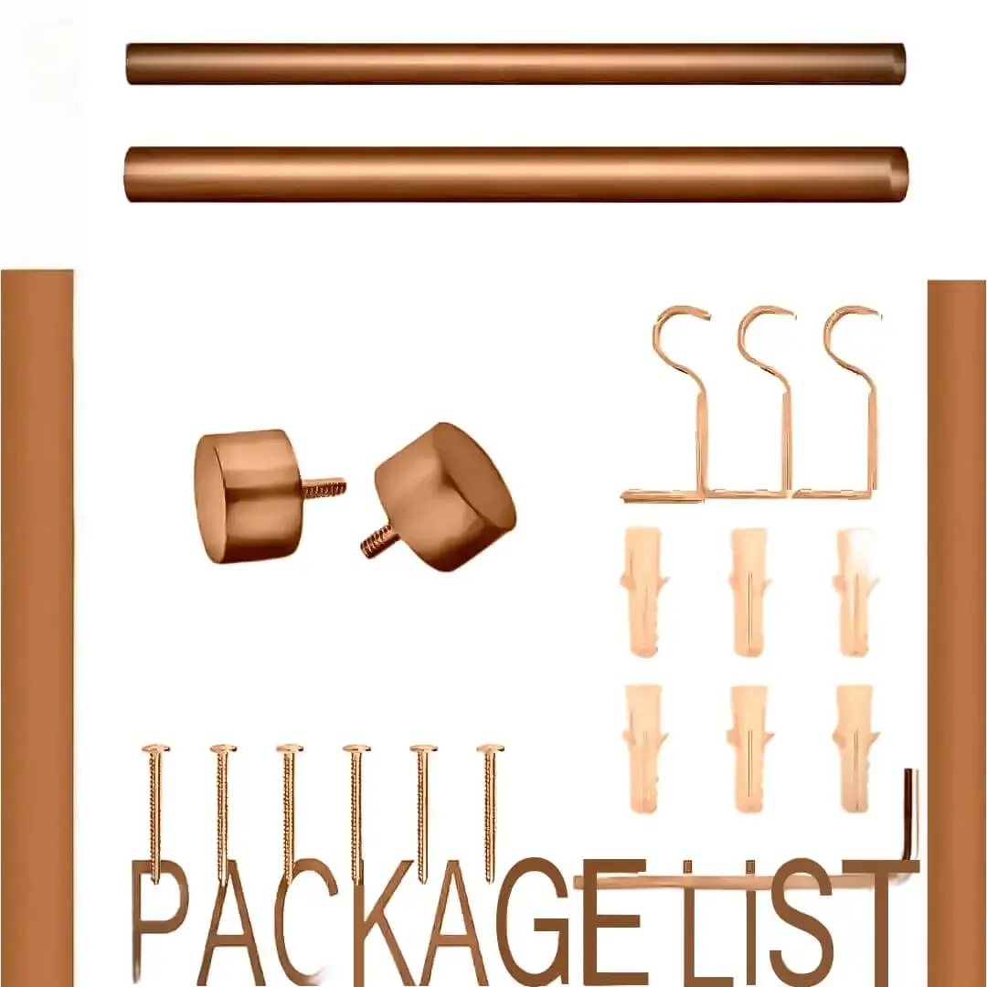 Complete copper finish curtain rod set displayed with package contents: 2 decorative finials, 3 heavy-duty brackets, 2 adjustable rods, wall anchors, and screws. Text overlay highlights 'Package List'—everything needed for professional installation