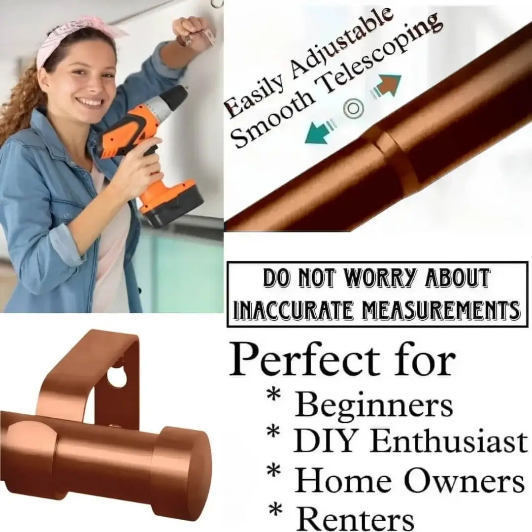 copper finish extendable curtain rod, DIY girl installing copper finish curtain rods with a drill—text highlights ‘Perfect for beginners, DIY enthusiasts, homeowners and renters!’ Features smooth telescoping rods, and easily adjustable design so you never worry about inaccurate measurements