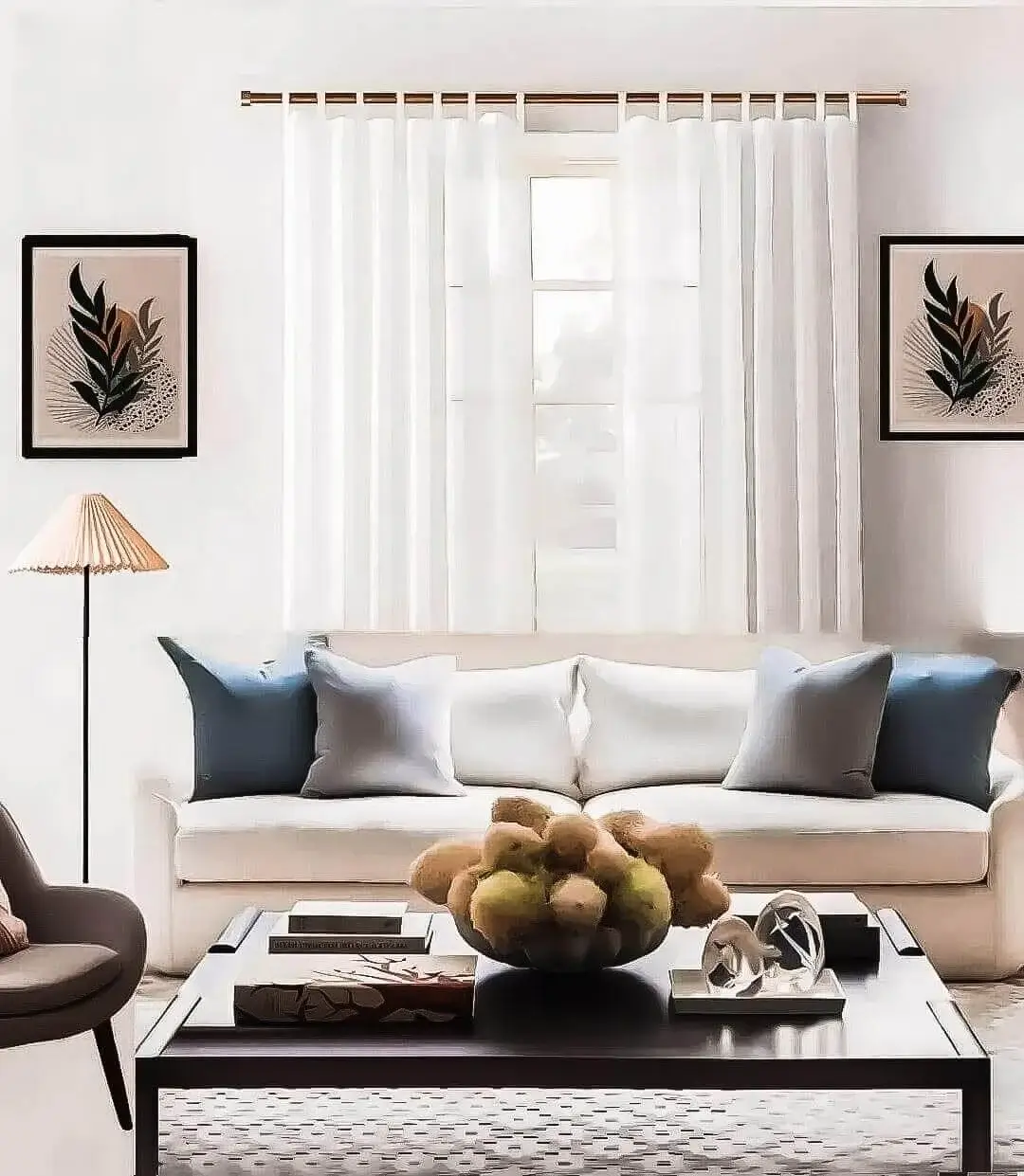 living room curtain rod copper colour, adjustable curtain rod copper colour for living room, Stylish living room with flowing curtains on a adjustable curtain rod set copper colour, paired with a cozy sofa set, vibrant cushions, and wall paintings—creating a chic, inviting ambiance.