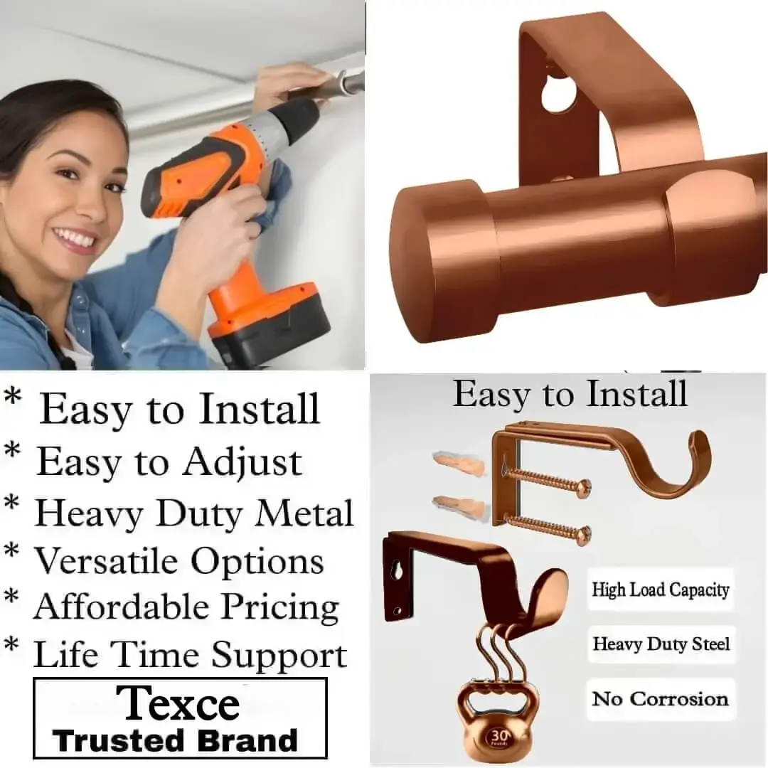 copper finish curtain rods with brackets, Three-panel showcase: (1) DIY girl installing a copper colour curtain rod with a drill, (2) elegant end cap curtain rod design copper finish, and (3) close-up of heavy-duty steel brackets. Overlay text highlights: ‘Easy to install, corrosion-proof steel, versatile styles, affordable pricing, lifetime support, and Texce—a trusted brand