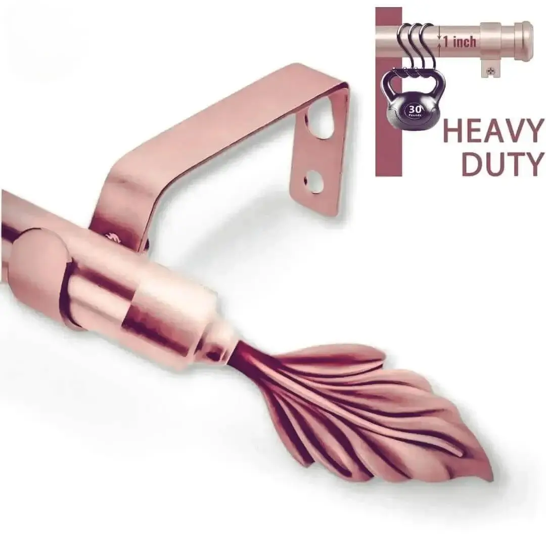 heavy duty curtain rods, Three-panel durability showcase: (1) Rose gold curtain rod with leaf finial supporting 35 lbs weight (text: 'Heavy Duty'), proving luxury meets strength (3) Ideal for heavy blackout curtains.