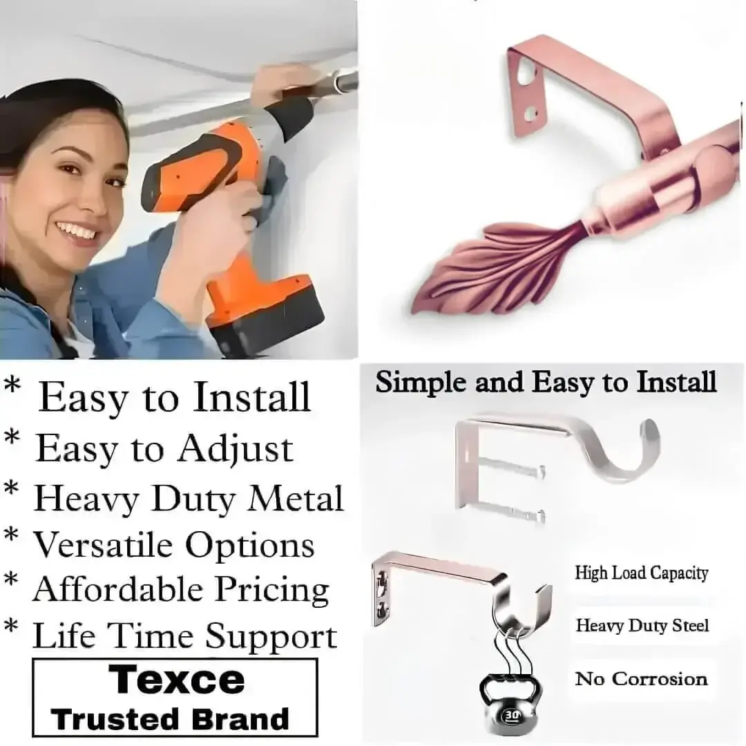 curtain rods with sturdy brackets, Three-panel showcase: (1) DIY girl installing a rose gold colour curtain rod with a drill, (2) elegant curtain rod with leaf finial, and (3) close-up of heavy-duty steel brackets. Overlay text highlights: ‘Easy to install, corrosion-proof steel, versatile styles, affordable pricing, lifetime support, and Texce—a trusted brand