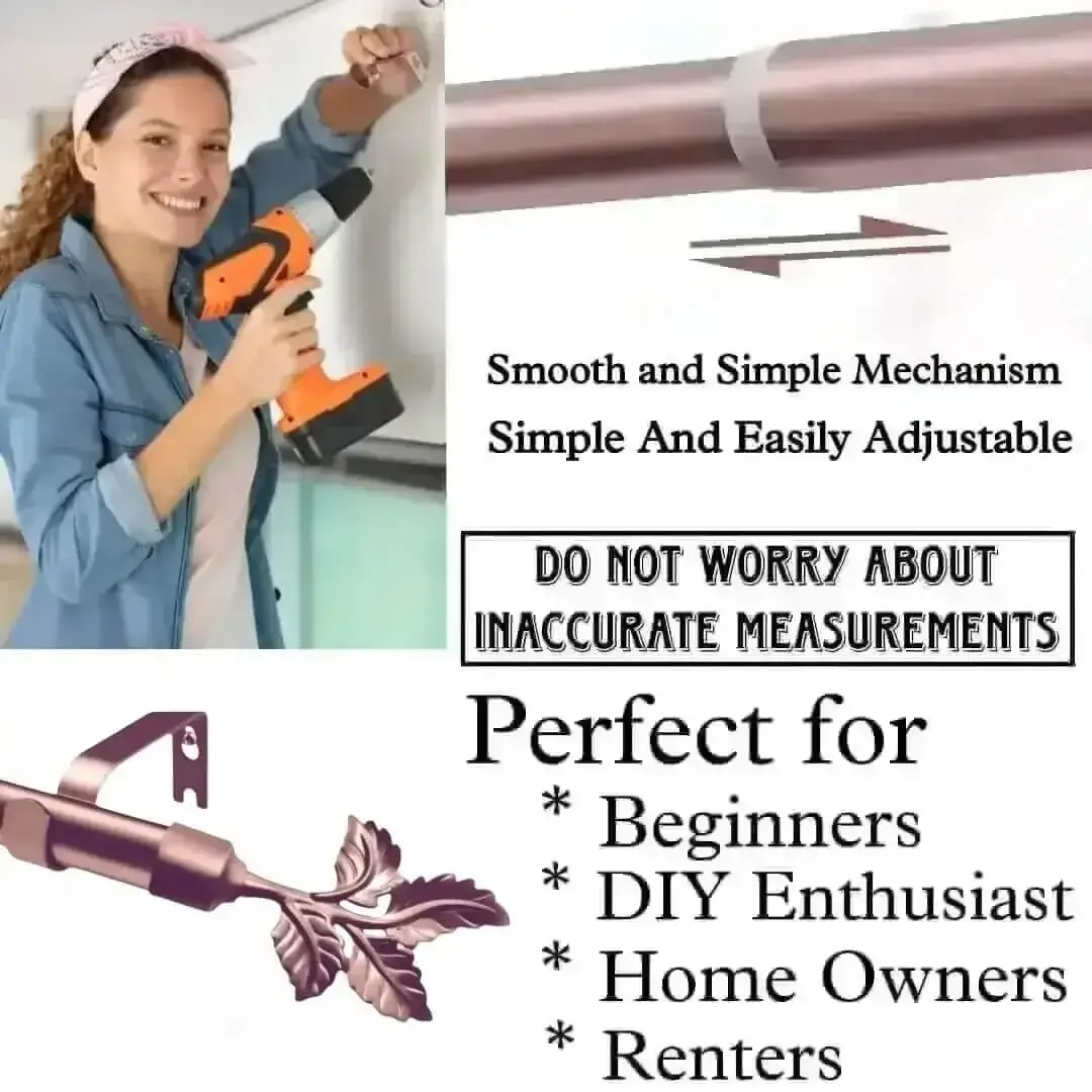 rose gold extendable curtain rod, DIY girl installing curtain rods with a drill—text highlights ‘Perfect for beginners, DIY enthusiasts, homeowners and renters!’ Features smooth telescoping rods, and easily adjustable design so you never worry about inaccurate measurements