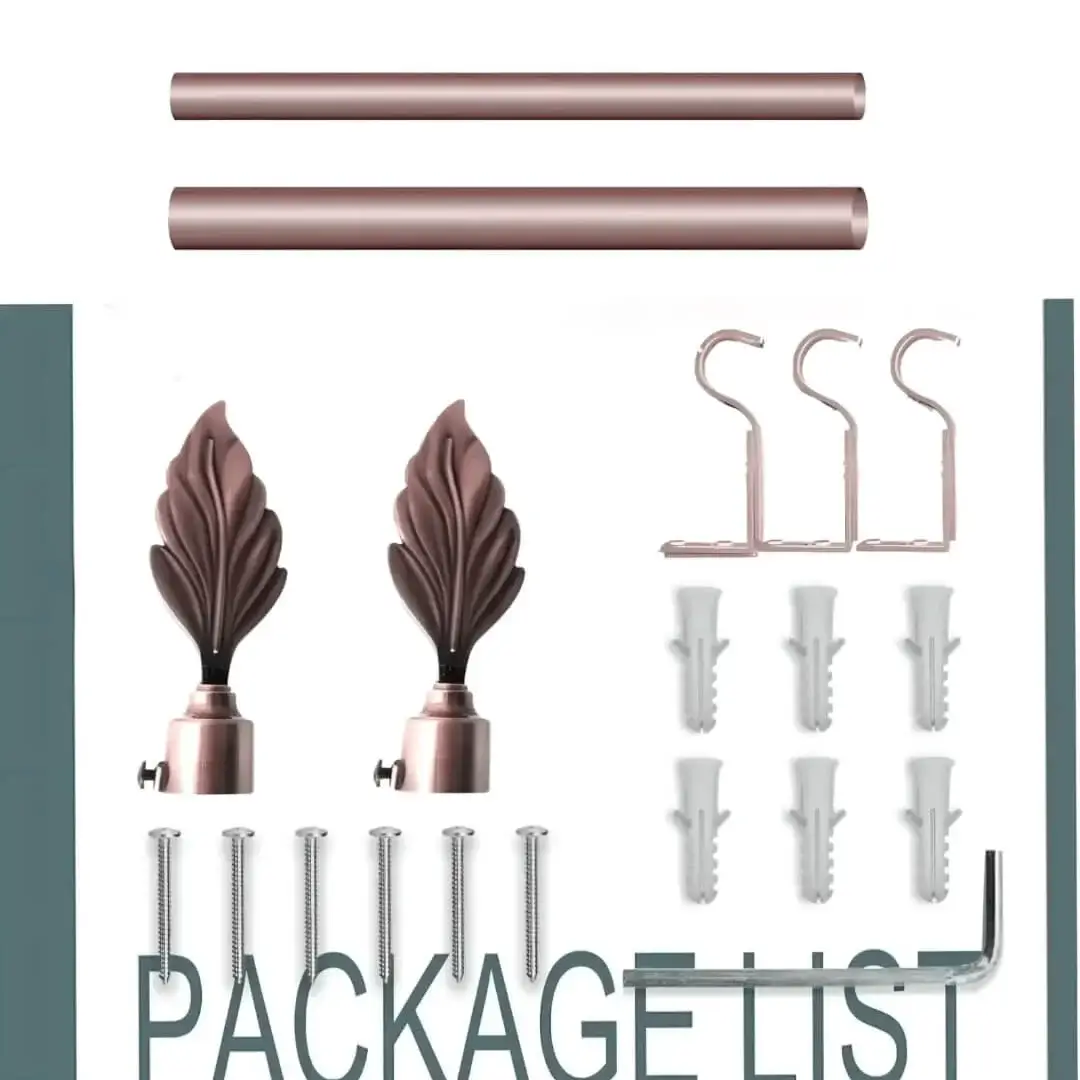 extra long curtain rods kit, Complete extra long curtain rods kit displayed with package contents: 2 decorative leaf finials, 3 heavy-duty brackets, 2 adjustable rods, wall anchors, and screws. Text overlay highlights 'Package List'—everything needed for professional installation