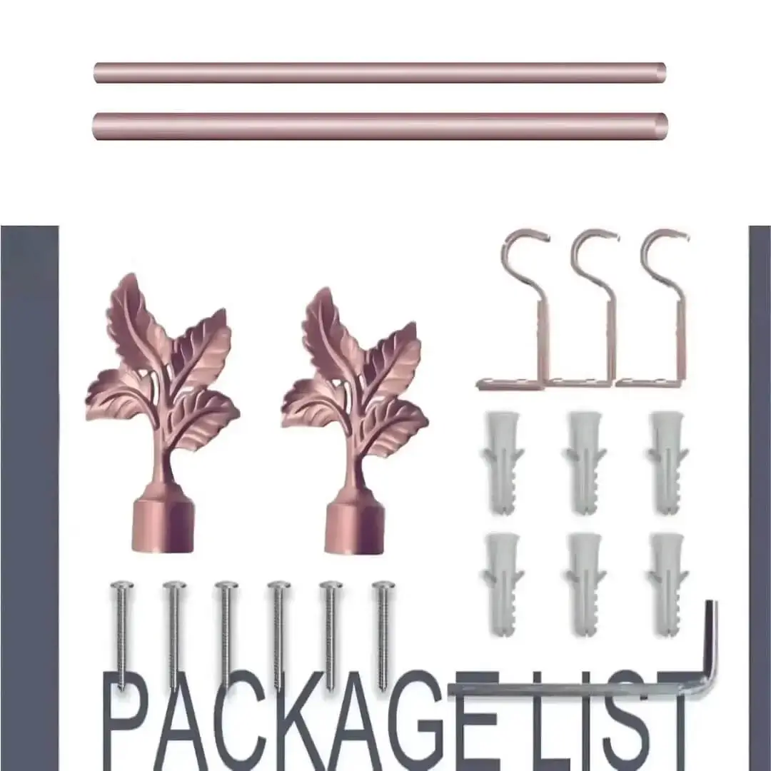 Complete rose gold curtain rod set displayed with package contents: 2 decorative finials, 3 heavy-duty brackets, 2 adjustable rods, wall anchors, and screws. Text overlay highlights 'Package List'—everything needed for professional installation