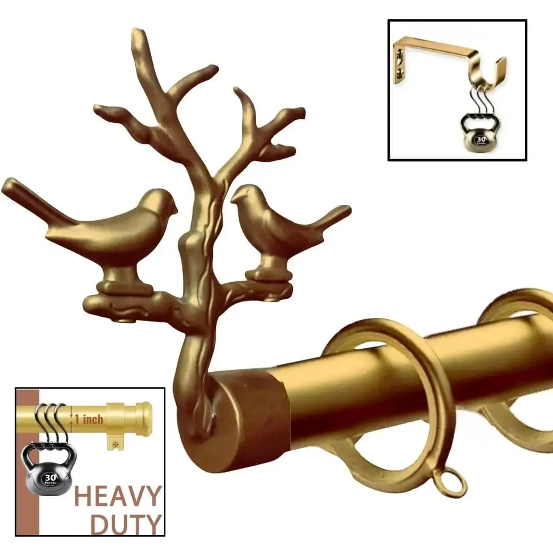 golden decorative curtain rods with bird finial,Three-panel luxury gold curtain rod showcase: (1) Decorative leaf finials and brackets (elegant close-up), (2) Rod stress-tested with heavy weights (no bending), (3) Bracket load test—proving both opulent design and industrial strength for flawless performance