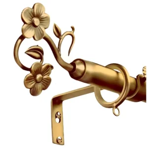 golden colour curtain rod with flower finials, Golden curtain rod with decorative flower finials – adjustable design for elegant window treatments. Perfect heavy-duty home decor upgrade with sturdy metal construction