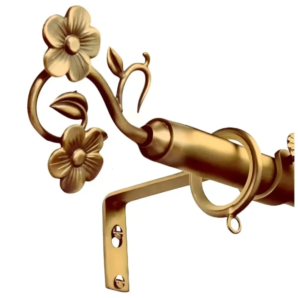 golden colour curtain rod with flower finials, Golden curtain rod with decorative flower finials – adjustable design for elegant window treatments. Perfect heavy-duty home decor upgrade with sturdy metal construction