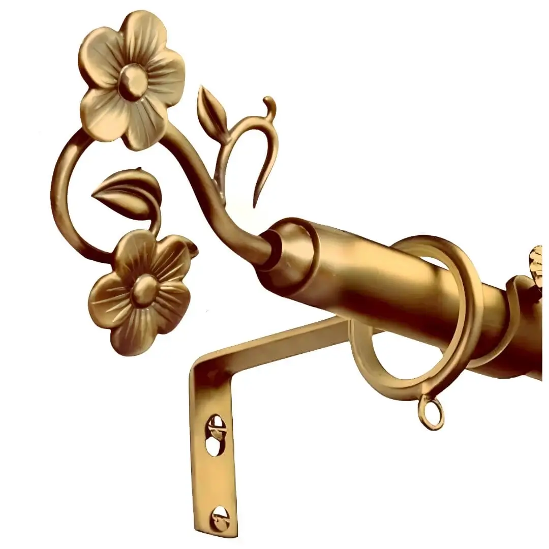 golden colour curtain rod with flower finials, Golden curtain rod with decorative flower finials – adjustable design for elegant window treatments. Perfect heavy-duty home decor upgrade with sturdy metal construction
