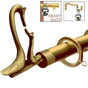 golden curtain rod with brackets, Three-panel luxury gold curtain rod showcase: (1) Decorative bird finials and brackets (elegant close-up), (2) Rod stress-tested with heavy weights (no bending), (3) Bracket load test—proving both opulent design and industrial strength for flawless performance