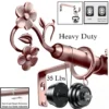 heavy duty adjustable curtain rods heavy duty adjustable curtain rod, Three-panel durability showcase: (1) Rose gold curtain rod with floral finial supporting 35 lbs (text: 'Heavy Duty, Thick & Sturdy'), proving luxury meets strength (0.8mm thick, 1-inch diameter). (2) Smooth telescoping adjustment (text: 'Simple and Smooth'). (3) Ideal for heavy blackout curtains.